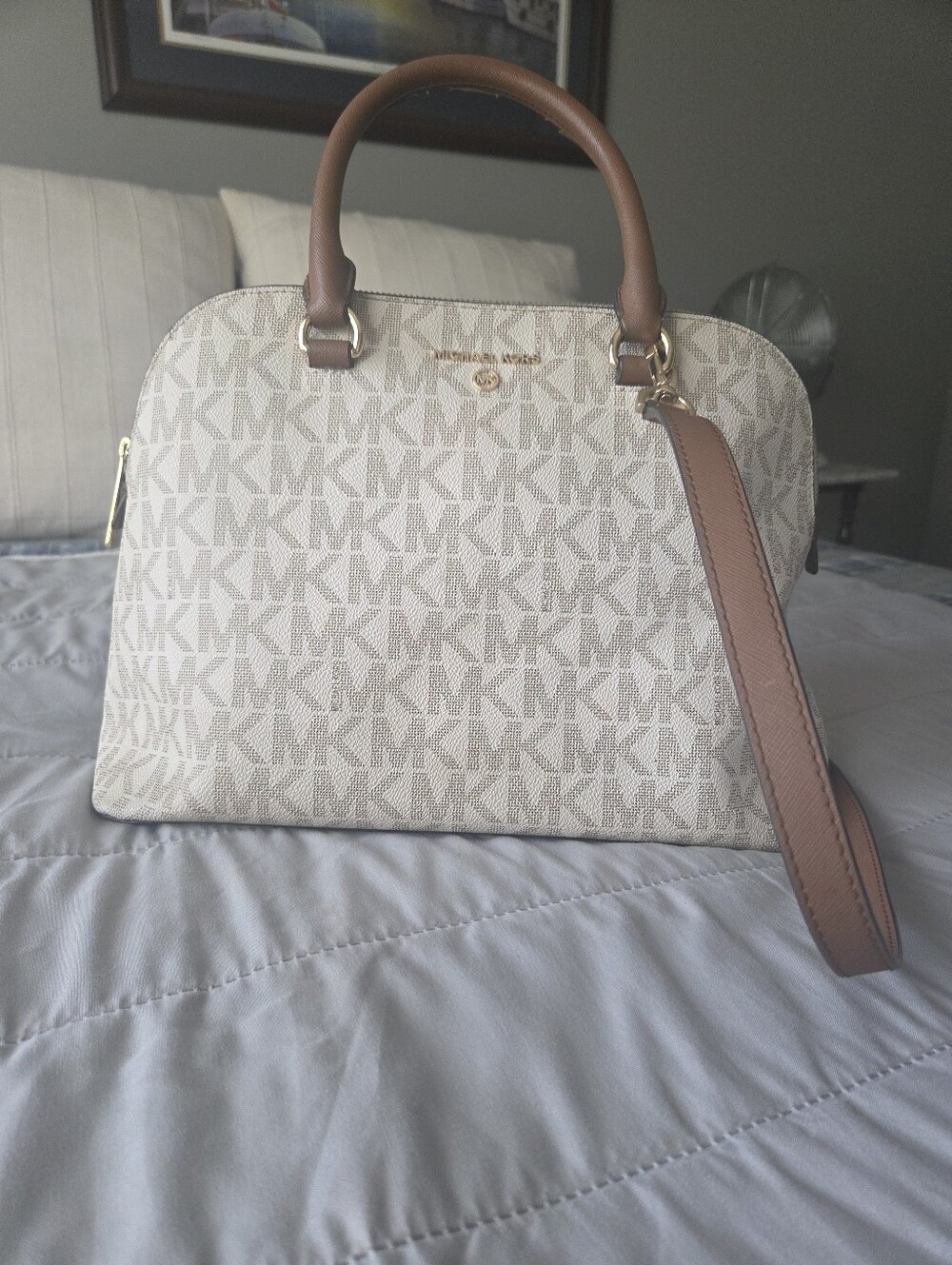 Michael Kors Cream Monogram Dome Satchel with Brown Trim